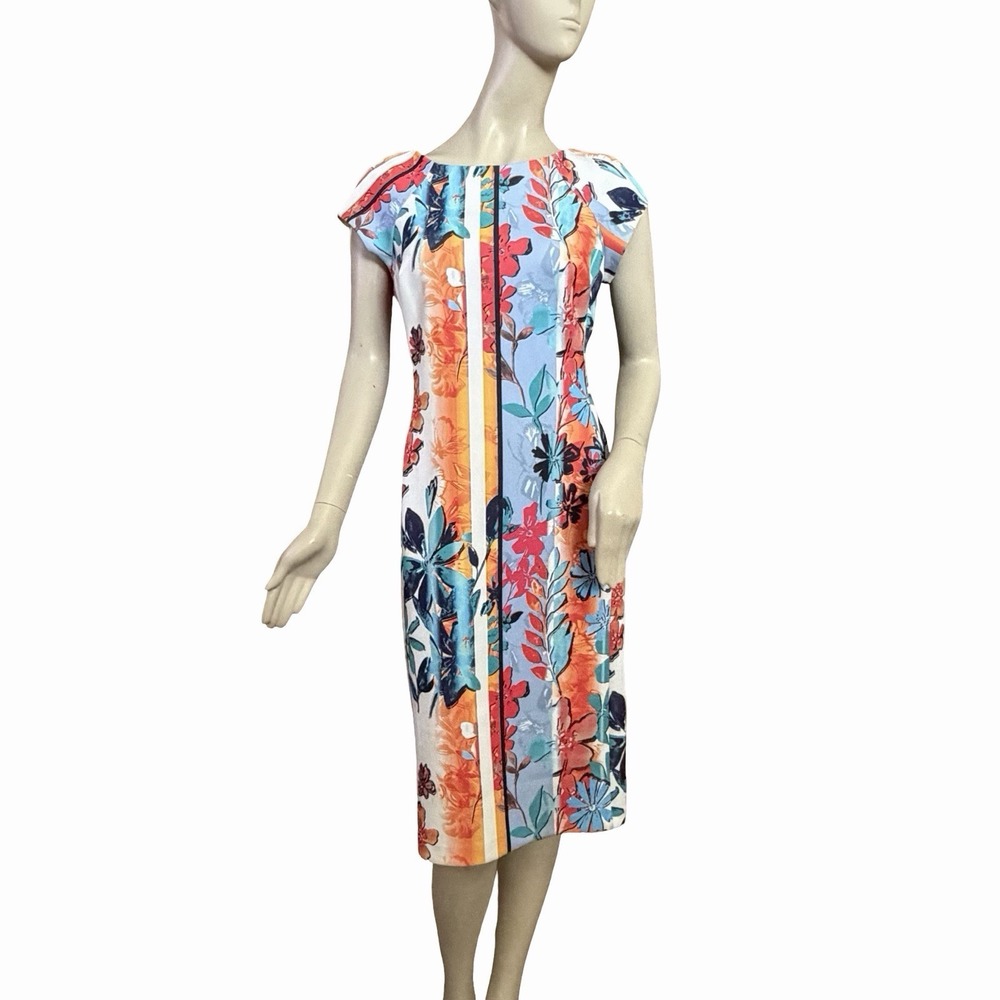 Beige by ECI Scuba Sheath Floral Midi Dress Sz 8 Colorful Mixed Patterns Spring